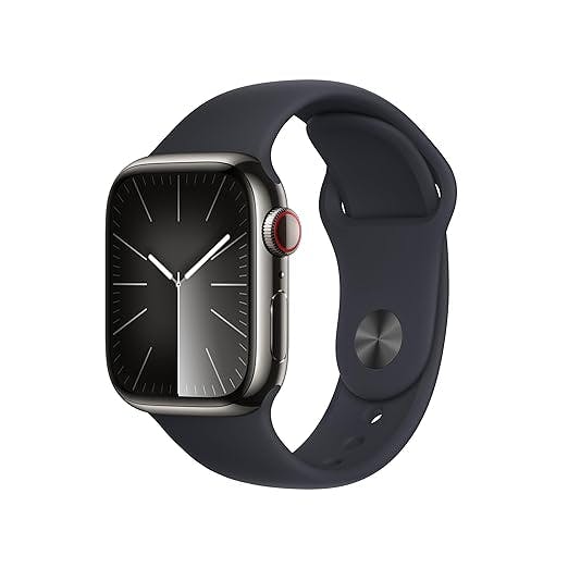 Apple Watch Series 9 [GPS + Cellular 41mm] Smartwatch with Graphite Stainless steel Case with Midnight Sport Band M/L. Fitness Tracker, Blood Oxygen & ECG Apps, Always-On Retina Display, Water Resistant